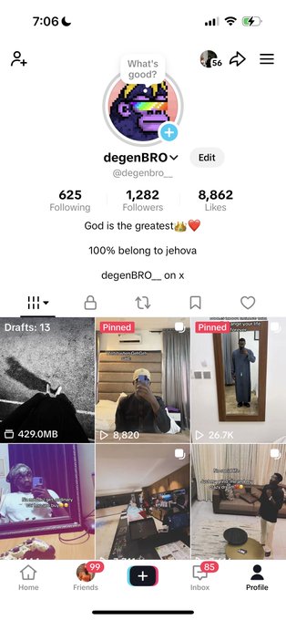 The image shows a TikTok profile for "degenBRO" (@degenbro__) with 625 following, 1,282 followers, and 8,862 likes, featuring the bio "God is the greatest 🙏❤️ 100% belong to Jehova" and displaying a pinned video grid with content gaining views like 8,820 and 26.7K.