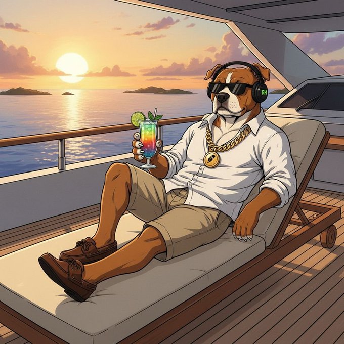 An illustrated cartoon of an anthropomorphic dog wearing sunglasses, headphones, and a gold chain, relaxing on a yacht lounge chair with a cocktail at sunset.