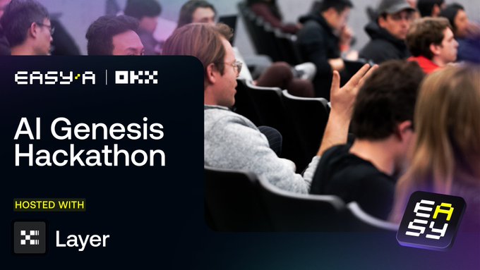 A crowded auditorium of attendees is shown alongside a graphic promoting the "AI Genesis Hackathon," co-hosted by EasyA, OKX, and Layer (XLayerOfficial), with the EasyA and Layer logos visible. The image visually conveys the event's in-person atmosphere, complementing the post's announcement about building AI-native applications on XLayer for a chance to win up to $100,000 with only 10 days remaining to enter.