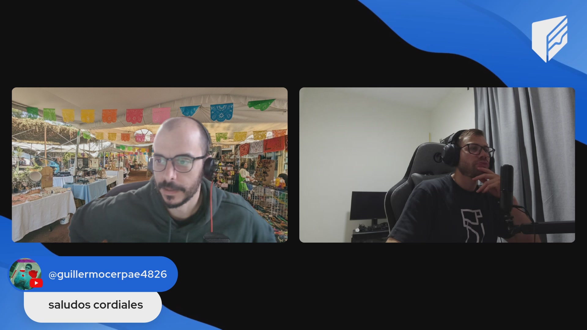 The image shows two men sitting behind a desk with headphones on their heads. They are both wearing glasses and appear to be engaged in an online conversation or video call using a messaging app like WhatsApp, Messenger, WeChat, or Telegram. The background of the image is blurred, but it seems to be a room where they are seated at a table.
