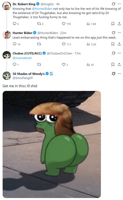 A screenshot of a Twitter/X thread including posts from Dr. Robert King, Hunter Biden, Chubes (CUTE/ACC), and 50 Shades of Wendy, with the final reply by '50 Shades of Wendy' reading 'Get me in thicc ill shid' above an image of the 'Buff Doge vs. Cheems' meme.