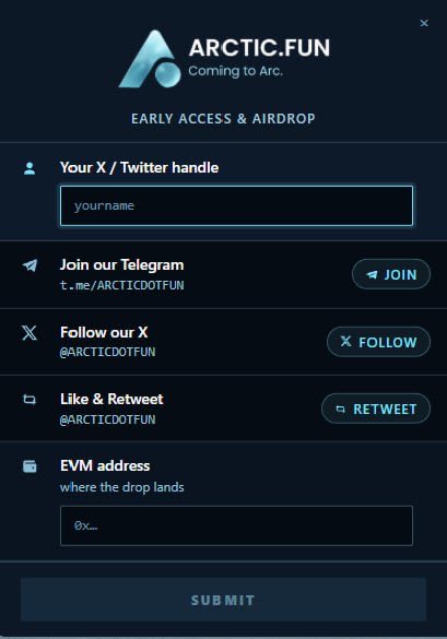 A registration form for the Arctic.fun ($ARCTIC) airdrop requiring users to submit their X/Twitter handle, join the Telegram (t.me/ARCTICDOTFUN), follow @ARCTICDOTFUN, like and retweet, and provide their EVM address before the September 16th launch.