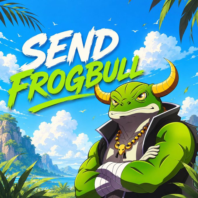 A muscular green horned frog character stands confidently with arms crossed in a tropical landscape, beneath the stylized "SEND FROGBULL" text in white and green lettering.

The image relates to the post by promoting the "FROGBULL" token with the listed contract address, using the character as a mascot to reinforce the bullish, confident "must buy" sentiment the post conveys.