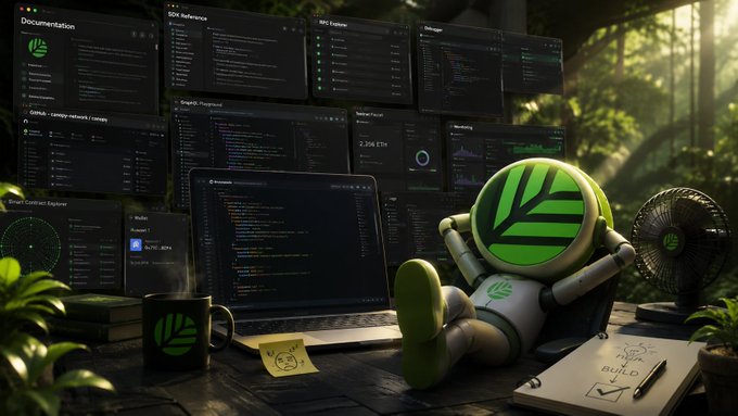 A green robot mascot relaxes in a chair surrounded by multiple monitors displaying code, documentation, and a 'Nightly Raptor' dashboard, with a coffee mug and notebook nearby.
