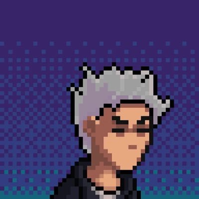 A pixel art portrait of a character with white spiky hair and a serious expression against a purple dotted background.