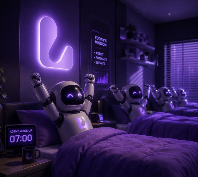 A futuristic bedroom scene shows multiple robots waking up and stretching in bed under purple lighting, with a digital clock reading "AGENT WAKE UP 07:00" and a mission board displaying "TODAY'S MISSION: ASSIST, AUTOMATE, ELEVATE".