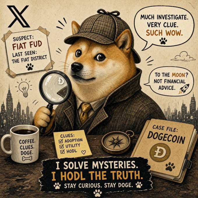 An illustrated detective dog wearing a deerstalker hat holds a magnifying glass, with text referencing 'DOGECOIN', 'FIAT FUD', and 'I SOLVE MYSTERIES. I HODL THE TRUTH.'