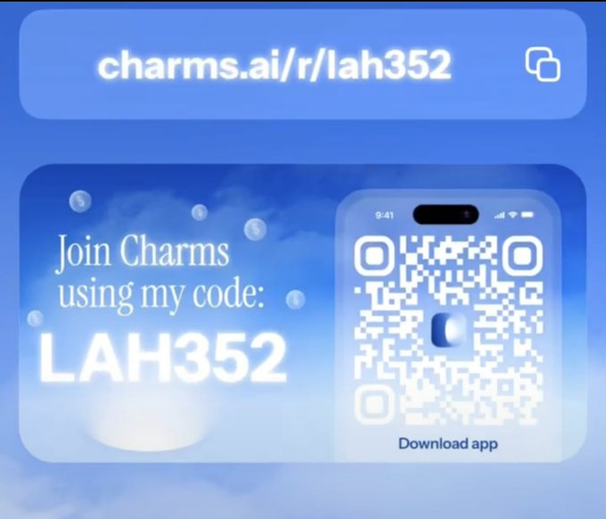 A promotional graphic for Charms.ai displays the referral link "charms.ai/r/lah352" alongside the invitation code "LAH352" and a QR code with a "Download app" button, set against a blue sky-themed background. The image directly supports the post by showcasing the referral code the user plans to share with friends to earn 25% of the token.