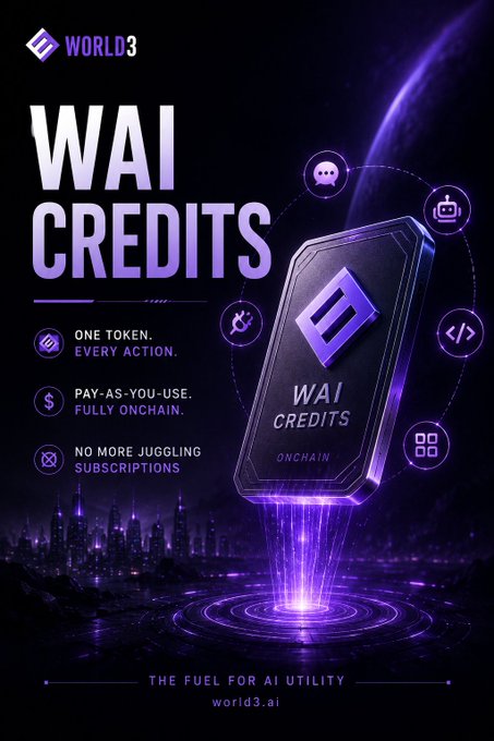 A promotional poster for 'WAI CREDITS' by WORLD3, featuring a futuristic purple coin/token design with the tagline 'THE FUEL FOR AI UTILITY' and the URL 'world3.ai'.