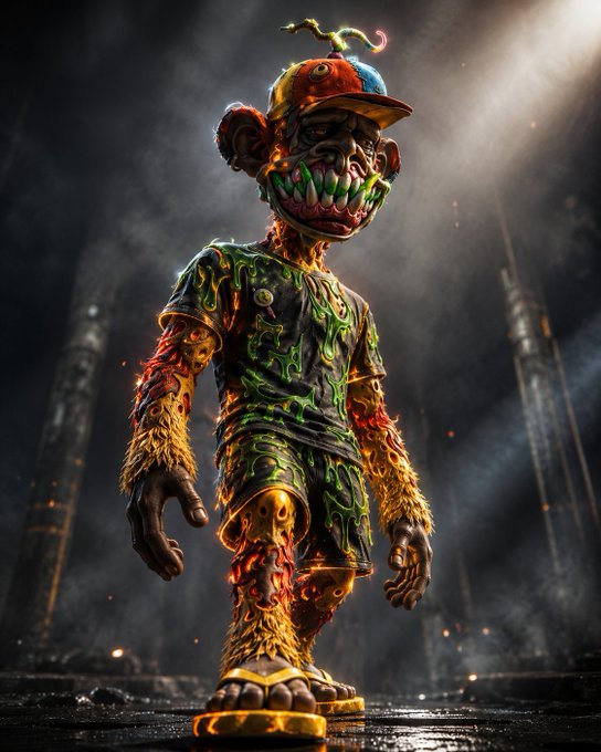 A menacing 3D-rendered zombie-like figure with sharp teeth, wearing a colorful cap and a t-shirt with green slime patterns, stands on a skateboard in a dark, gritty environment with sparks.