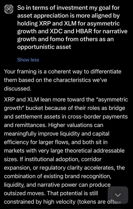 A screenshot of text discussing cryptocurrency investment strategy, mentioning that 'XRP and XLM' are held for 'asymmetric growth' while 'XDC and HBAR' are held for 'narrative growth and fomo from others as an opportunistic asset'
