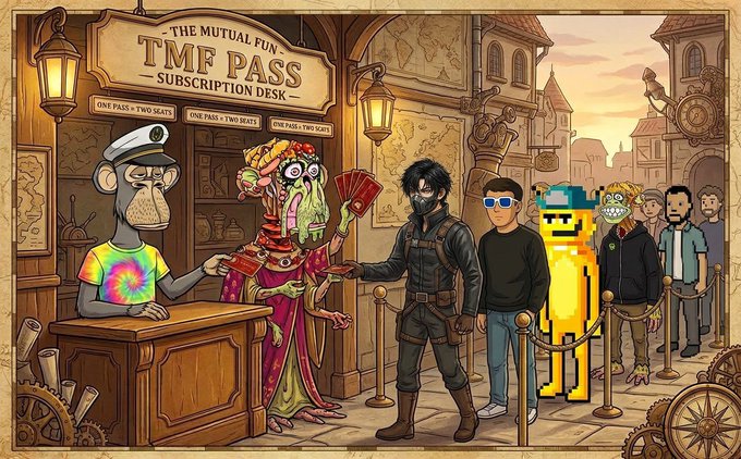 Illustrated parody poster 'THE MUTUAL FUN TME PASS - SUBSCRIPTION DESK' featuring a Bored Ape, a green creature, and NFT characters lined up at a subscription booth.