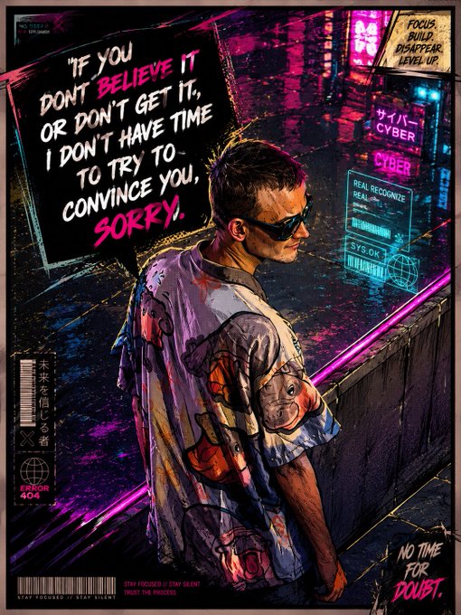 A cyberpunk-style illustration shows a person with short hair and sunglasses wearing a graphic t-shirt with a bear print, standing on a rainy neon-lit street with Japanese text and "FOCUS BUILD DISAPPEAR LEVEL UP" signage. Bold text overlays read "IF YOU BELIEVE IT DON'T BELIEVE IT, OR DON'T GET IT, I DON'T HAVE TIME TO TRY TO CONVINCE YOU, SORRY" and "NO TIME FOR DOUBT," reinforcing the post's message about conviction in $MOODENG and Vitalik Buterin's ethos.