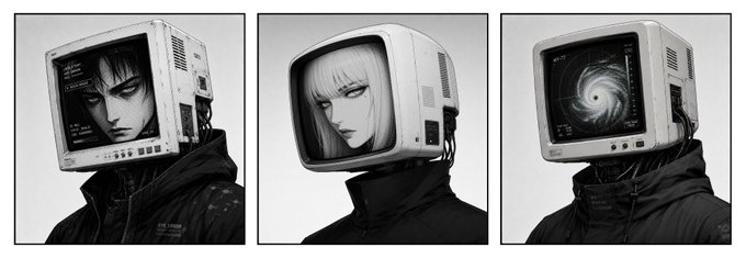 Three monochrome illustrations of figures with vintage CRT televisions as heads, displaying an anime character, a pale girl, and a spiral galaxy respectively.