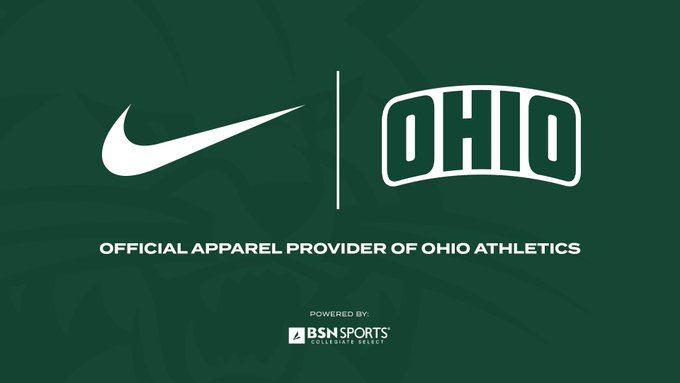 A promotional graphic featuring the Nike swoosh logo alongside the Ohio University 'OHIO' logo in green, with text reading 'OFFICIAL APPAREL PROVIDER OF OHIO ATHLETICS' powered by BSN Sports Collegiate Select.