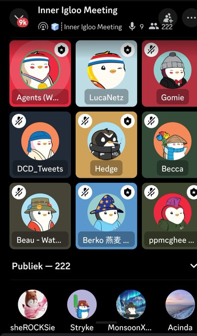 A screenshot of a Clubhouse app interface showing an 'Inner Igloo Meeting' with various penguin avatars and usernames like 'LucaNetz', 'Gomie', 'Hedge', and 'Becca' participating.