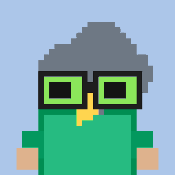 A pixel art illustration of a character with gray hair wearing bright green rectangular glasses and a green shirt.