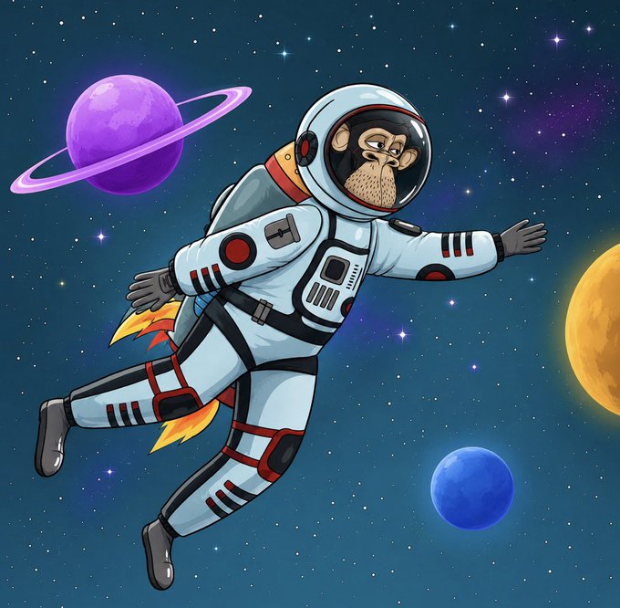 A colorful cartoon illustration of a monkey in a white spacesuit floating through outer space among planets and stars.
