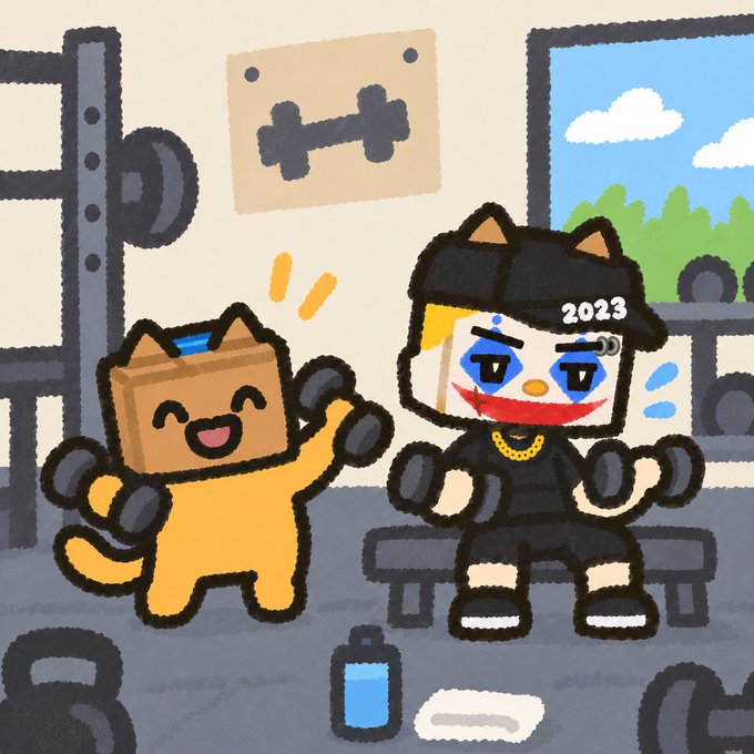A cartoon illustration shows two cat-like characters in a gym setting: an orange cat with a cardboard box head waving happily, and a white cat with a black hat marked '2023' looking exhausted on a bench press.