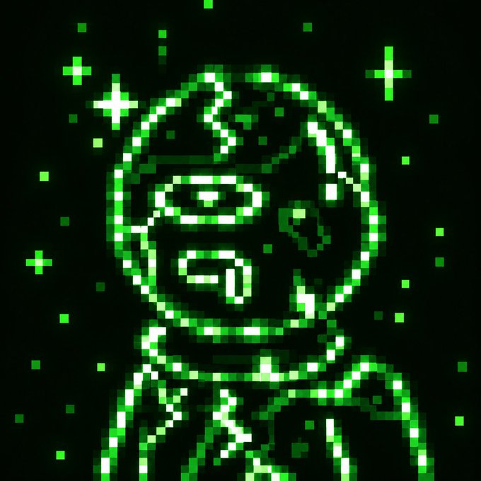 A pixel art image depicts an astronaut in green tones against a black background, surrounded by small green pixel stars and cross shapes.