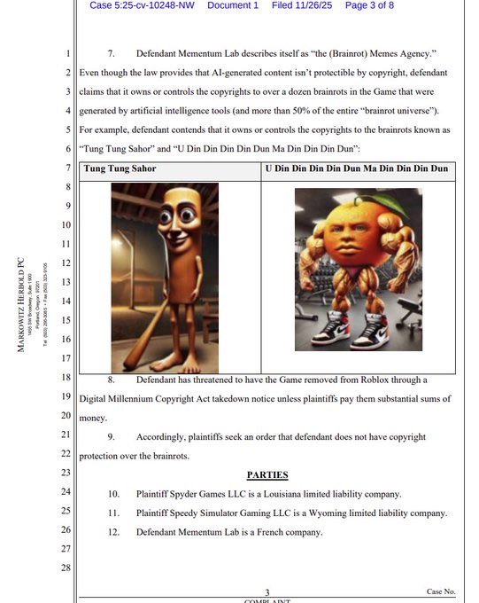 The image shows page 3 of a court case document (Case 5:25-cv-10248-NW) involving Spider Games LLC and Speedy Simulator Gaming LLC as plaintiffs against defendant Momentum Lab, featuring images of the "Tung Tung Sabor" and "U Din Din Din Din Dun Ma Din Din Din" brainrot memes that are central to a copyright dispute—directly illustrating the $TripleT and $Udin memes referenced in the accompanying bullish social media post.