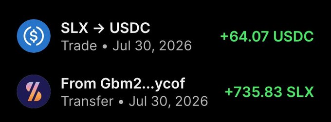 Transaction notifications showing 'SLX → USDC Trade +64.07 USDC' and 'From Gbm2...ycof Transfer +735.83 SLX' both dated Jul 30, 2026.
