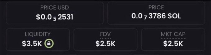 A dashboard displays a token's metrics: a price of $0.0₅2531 USD (0.0₇3786 SOL), $3.5K locked liquidity, and a $2.5K FDV and market cap—confirming the poster's claim about their memecoin's market cap while highlighting the low liquidity and FDV typical of micro-cap tokens.