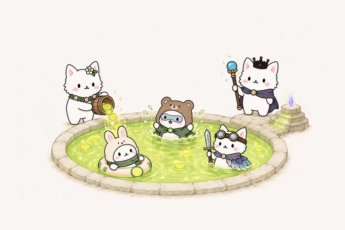 Cute cartoon illustration of a small pond with characters in animal hoods bathing, including a rabbit, bear, white cat with goggles, and another cat with a flower crown, alongside a wizard cat and a floating crystal.
