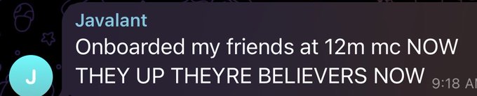A Discord message from user "Javalant" reads "Onboarded my friends at 12m mc NOW THEY UP THEYRE BELIEVERS NOW" at 9:18 AM, illustrating the post's point about holders evangelizing to their networks, as the referenced ticker continues climbing past 12 million in market cap.