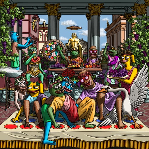 Colorful digital artwork depicting an anthropomorphic frog version of the Last Supper, featuring various frog, lizard, and bird characters in classical robes gathered around a table with fruits.