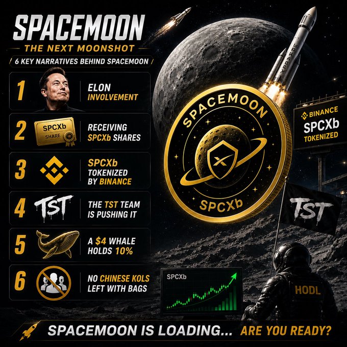 The image features a poster for a cryptocurrency called SpaceMoon, which has been launched by a team of people including Elon Musk. The poster includes various elements such as logos, icons, and text that represent different aspects of the project or its creators. One notable element is the presence of a man in a space suit holding a rocket ship, symbolizing the futuristic nature of the cryptocurrency. The poster also contains information about the project's key features, such as the involvement of Binance, the tokenization by SpaceMoon, and the potential rewards for holders.