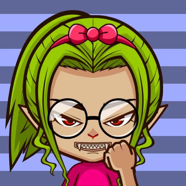 A cartoon-style illustration of a character with green hair tied with a pink bow, round glasses, pointed elf-like ears, and a sharp-toothed grimace, set against a blue and gray striped background.
