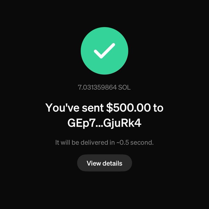 A confirmation screen shows a successful transfer of 7.031359864 SOL ($500.00) to the wallet address GEp7...GjuRk4, marked by a green checkmark and a note that it will be delivered in ~0.5 seconds. This relates to the post by paying "Maple_Skates" with MoonPaid, a crypto-based tipping service.