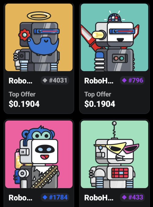 Four cartoon robot NFT listings displayed in a grid, featuring designs with halos, swords, and sunglasses, each priced at a 'Top Offer' of $0.1904 with IDs #4031, #796, #1784, and #433.