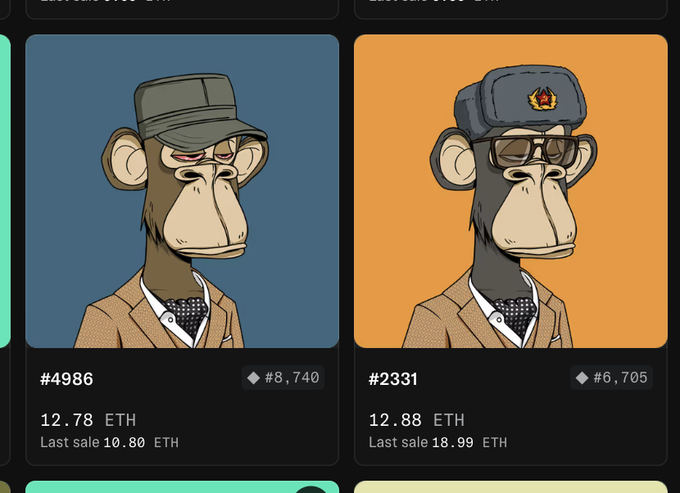 NFT marketplace listings for Bored Ape-style collectibles, showing #4986 priced at 12.78 ETH (last sale 10.80 ETH) and #2331 at 12.88 ETH (last sale 18.99 ETH).