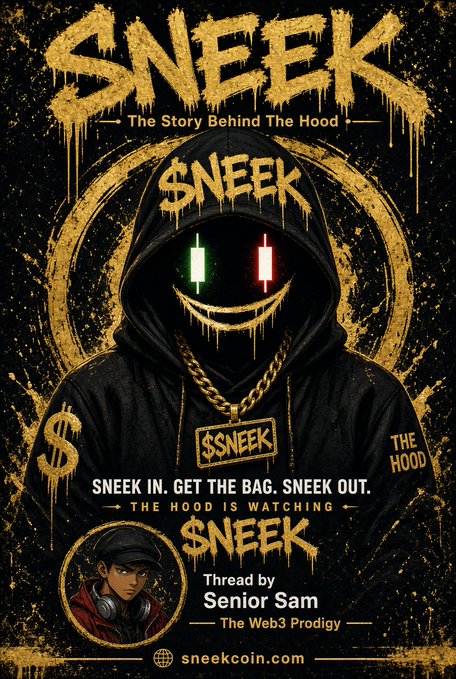 Cryptocurrency promotional poster for $NEEK coin featuring a hooded figure with glowing green and red eyes, gold chains, and the tagline 'SNEEK IN. GET THE BAG. SNEEK OUT. THE HOOD IS WATCHING' with 'Thread by Senior Sam' and sneekcoin.com.
