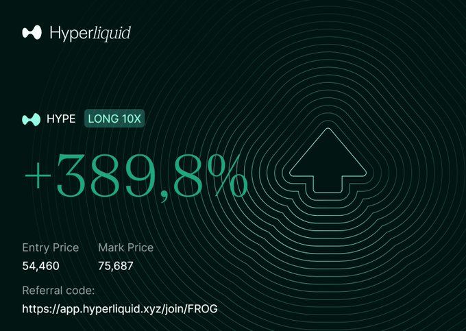 The image shows a dark blue gradient background with a geometric pattern or wave, resembling a circular line with an upward-pointing arrow symbol in the center, which is slightly tilted to the right. The color scheme of the image consists predominantly of shades of green and black. In the top left corner of the image, there is text that reads "HYPERLINK" followed by "ATH Thought", while in the bottom left corner, there is another piece of text that says "$HYPE silently back to ATH Thought we were going lower but got lucky and switched bias just before the melt up". The primary focus should be on the image itself rather than any additional words or labels surrounding it.