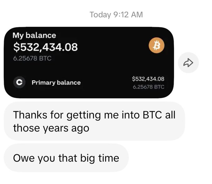 A screenshot of a text message showing a friend sharing their Bitcoin primary balance of $532,434.08 (6.25678 BTC) with the note "Thanks for getting me into BTC all those years ago" and "Owe you that big time." The message illustrates the OP's joy at seeing their years of advocating Bitcoin result in a friend's significant crypto holdings.
