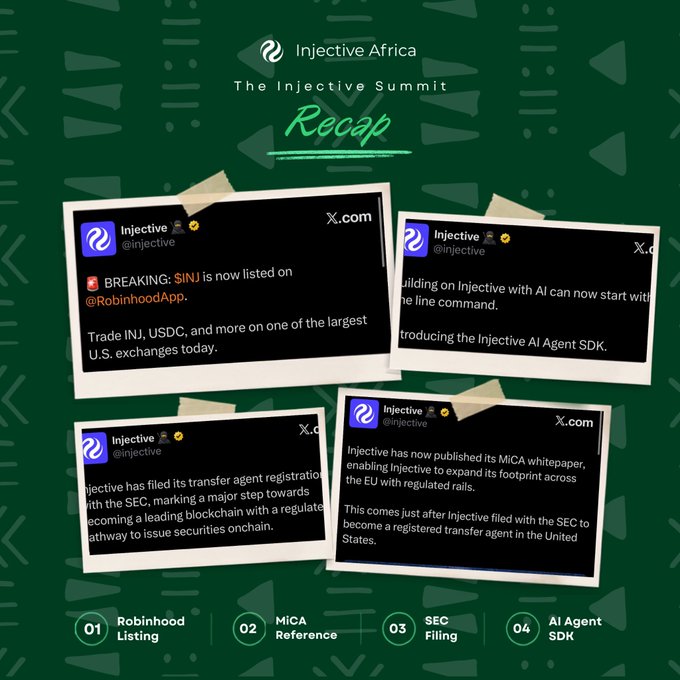 Injective Africa Summit Recap graphic featuring tweets about INJ's Robinhood listing, MiCA whitepaper, SEC transfer agent filing, and AI Agent SDK.