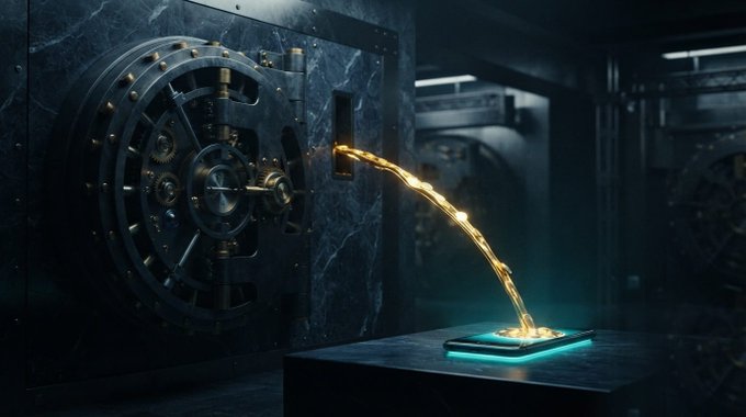 A stream of gold pours from a massive, intricate vault door onto a glowing digital platform, symbolizing how digital assets are flowing through a regulatory loophole. The image visually represents the post's theme of stablecoin yield being drawn from decentralized lending markets outside traditional banking constraints.