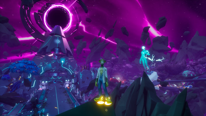 A colorful 3D rendered scene featuring green-skinned characters standing on rocky terrain under a pink and purple sky with a large glowing circular structure.