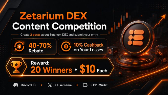 The post showcases an advertisement for a trading platform named "Zetarium DEX". The main visual element of the image is a website or banner promoting the platform, which features several different icons related to cryptocurrency trading, such as trading coins and market graphs. A banner below the image provides information about the competition, including details like how to enter the contest, what topics are covered, and how to submit an entry. Additionally, there's a claim that rewards can be earned for participating in this contest, with examples of past winners featured on the page.