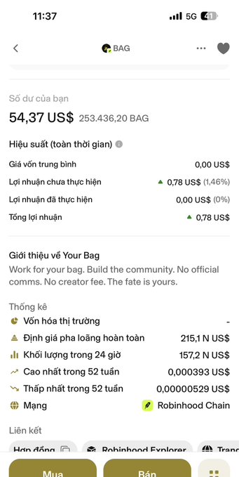 A mobile screenshot of a cryptocurrency portfolio app displaying '54,37 US$' for 'BAG' on the 'Robinhood Chain', with Vietnamese language text and minor gains shown.