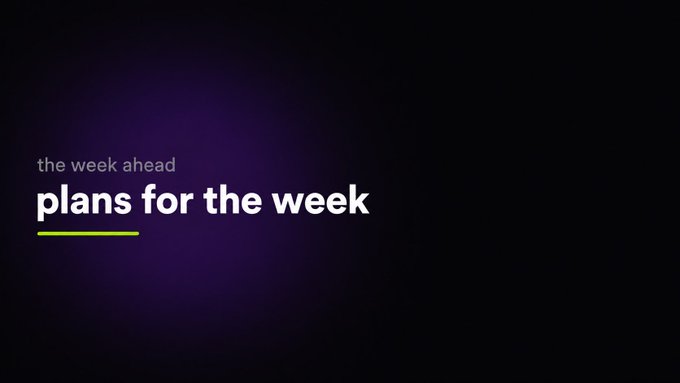 A minimalist slide with a dark gradient background displays the text "the week ahead" in small gray font above the larger white heading "plans for the week," accented by a bright green underline. It serves as a title card for Elvis's ambitious weekly goals, which include networking with KOL managers and NFT collectors, raffling projects, completing a coding product, meeting web3 friends in person, and connecting with 400 new people.