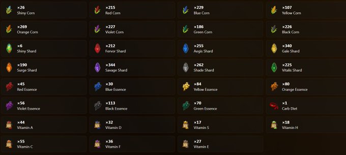 A video game inventory screen displaying various colored corn, shards, essences, and vitamins with their respective quantities and multipliers.