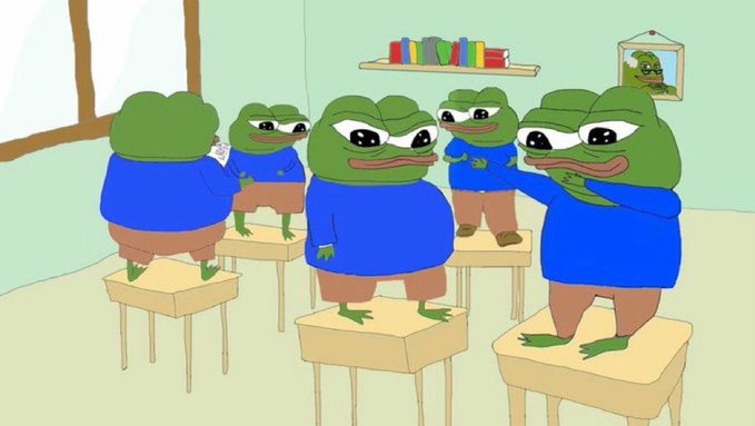 A cartoon illustration of several anthropomorphic frogs wearing blue sweaters standing on school desks in a classroom, with one frog holding a piece of paper, parodying a popular classroom meme.