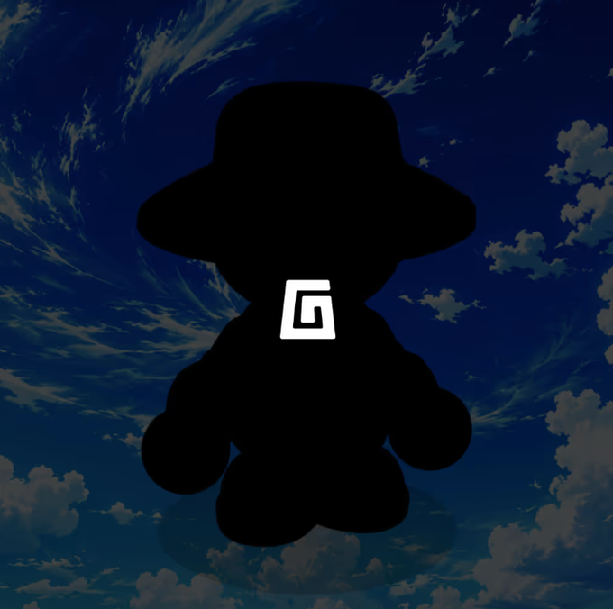 A black silhouette of a teddy bear wearing a hat with a white square logo on its chest, set against a dark blue cloudy sky.
