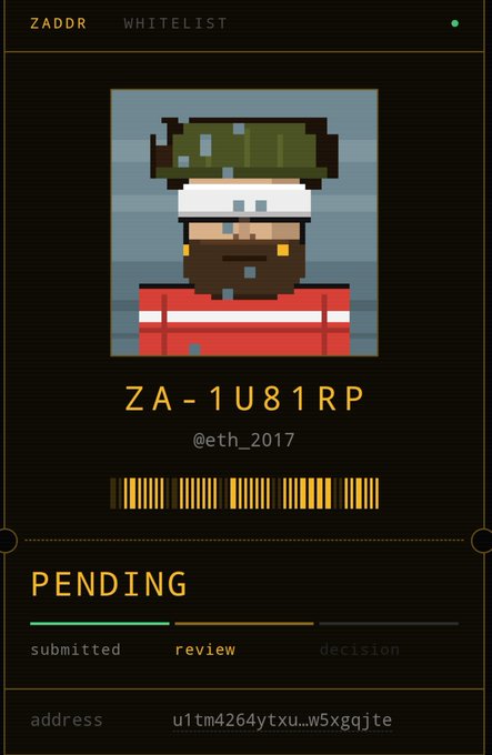 A digital card titled 'ZADDR WHITELIST' showing a pixel art avatar of a bearded man in a red shirt and green/white hat, with the name 'ZA-1U81RP', handle '@eth_2017', a barcode, a 'PENDING' status (at the 'review' stage), and an address beginning 'u1tm4264ytxu...w5xgqjte'.
