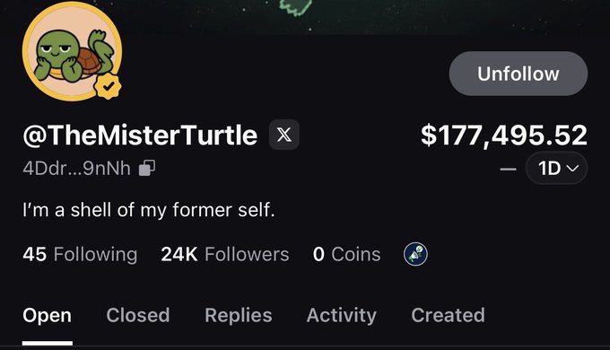 A profile screenshot of @TheMisterTurtle shows the account with 24K followers, a balance of $177,495.52, and a bio reading "I'm a shell of my former self," highlighting the trading account being thanked for its follow in the post.