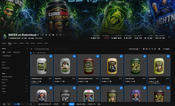 The image shows the Robinhood exchange marketplace for the "$BEER" token collection, displaying a grid of 3D NFT beer can designs including "RH Zero," "Saudi Zero," "Robinhood Kittens Purrler," "Fomo Blonde," "Cash Cat Lager," and "Pipening IPA," with a floor price of 0.00226 ETH and a max price per item set at 0.00228 ETH—aligning with the post's discussion about reaching a 0.004 ETH floor price and showcasing the variety of beer-themed 3D NFTs available.